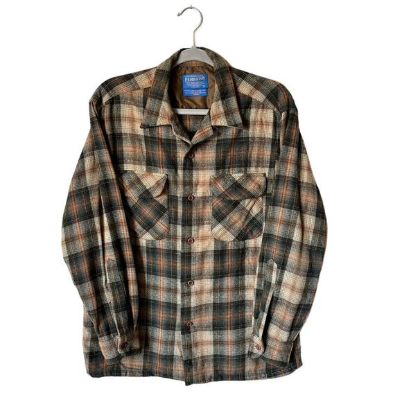 Pendleton 50s Board Wool Dress Green Brown Shirt Plaid Size M Pendleton 50s Board Wool Dress Green Brown Shirt Plaid Size M
